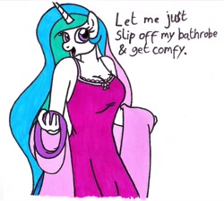 Size: 1227x1103 | Tagged: safe, artist:killerteddybear94, princess celestia, alicorn, anthro, bathrobe, breasts, cleavage, clothes, cropped, dialogue, female, looking at you, mare, nightgown, open mouth, princess breastia, robe, smiling, stripping, stupid sexy celestia, suggestive source, talking to viewer, traditional art