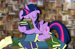 Size: 5096x3361 | Tagged: safe, artist:slb94, derpibooru import, twilight sparkle, twilight sparkle (alicorn), alicorn, book, book nest, floppy ears, princess sleeping on books, solo, that pony sure does love books, wallpaper