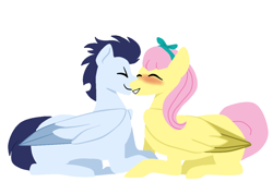 Size: 1200x856 | Tagged: safe, artist:raydiance19, fluttershy, soarin', pegasus, pony, blushing, cuddling, eyes closed, female, folded wings, male, prone, shipping, simple background, snuggling, soarinshy, straight, white background