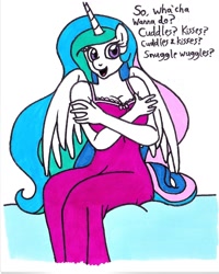 Size: 1080x1352 | Tagged: safe, artist:killerteddybear94, princess celestia, alicorn, anthro, breasts, clothes, cropped, cuddling, cute, cutelestia, dialogue, female, hug request, looking at you, mare, nightgown, open mouth, princess breastia, simple background, spread wings, stupid sexy celestia, suggestive source, talking to viewer, traditional art, white background, wings