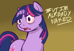 Size: 1280x891 | Tagged: safe, artist:aisuroma, derpibooru import, twilight sparkle, mentally advanced series, bloodshot eyes, frown, glare, looking at you, open mouth, solo, twilight flopple, we don't normally wear clothes, wide eyes