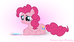 Size: 4999x2900 | Tagged: safe, artist:uliks-uliks, pinkie pie, earth pony, pony, absurd resolution, crack, cracked, cracks, crying, cute, diapinkes, female, frown, gradient background, iphone, looking down, mare, nose wrinkle, prone, sad, sadorable, solo