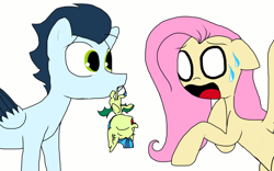 Size: 1024x640 | Tagged: safe, artist:doodletheexpoodle, fluttershy, soarin', oc, oc:whistle tune, bat pony, pegasus, pony, female, male, mouth hold, next generation, offspring, parent:fluttershy, parent:soarin', parents:soarinshy, shipping, simple background, soarinshy, straight, sweat, upside down, white background