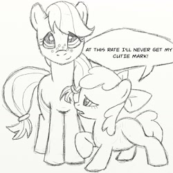 Size: 1296x1296 | Tagged: safe, artist:huckleberrypony, apple bloom, applejack, earth pony, pony, hilarious in hindsight, monochrome, traditional art