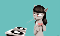 Size: 1941x1173 | Tagged: safe, artist:themightycoolblender, octavia melody, earth pony, pony, black mane, female, gray coat, mare, solo, turntable