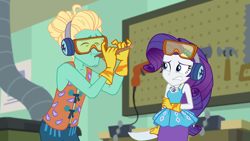 Size: 1920x1080 | Tagged: safe, screencap, rarity, zephyr breeze, better together, equestria girls, schedule swap, arms, clothes, drill, earmuffs, female, flute, geode of shielding, gloves, goggles, hammer, magical geodes, male, musical instrument, power tools, safety goggles, saw, tool board, vest, vise, workbench