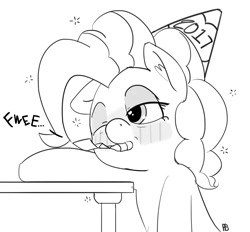 Size: 1280x1186 | Tagged: safe, artist:pabbley, pinkie pie, earth pony, pony, cute, diapinkes, hangover, hat, monochrome, one eye closed, party hat, party horn, solo, tired