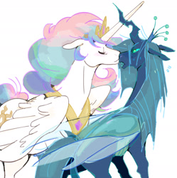 Size: 1948x1955 | Tagged: safe, artist:corantus, princess celestia, queen chrysalis, alicorn, changeling, changeling queen, pony, boop, chryslestia, female, jewelry, lesbian, mare, noseboop, regalia, shipping, simple background, white background