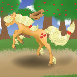 Size: 1000x1000 | Tagged: safe, artist:fadedbloodstain, applejack, earth pony, pony, rearing, solo, sweet apple acres, unshorn fetlocks