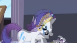 Size: 1024x576 | Tagged: safe, screencap, opalescence, rarity, pony, unicorn, sweet and elite, becoming popular, interlaced, jewelry, tiara