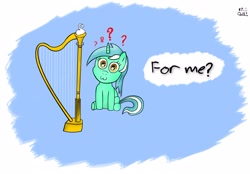 Size: 2824x1971 | Tagged: safe, artist:cheshiresdesires, lyra heartstrings, pony, unicorn, :3, dialogue, filly, harp, musical instrument, question mark, sitting, smiling, solo, younger