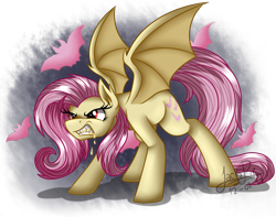 Size: 1520x1200 | Tagged: safe, artist:jack-pie, fluttershy, bat pony, pony, fangs, flutterbat, signature, simple background, solo, transparent background