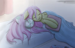 Size: 1352x868 | Tagged: safe, artist:ikarooz, fluttershy, pegasus, pony, beautiful, blanket, cute, eyes closed, floppy ears, loose hair, morning, peaceful, pillow, shyabetes, sleeping, smiling, solo, spread out hair