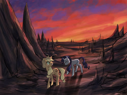 Size: 2500x1866 | Tagged: safe, artist:axxonu, applejack, rarity, earth pony, pony, unicorn, dusk, wasteland