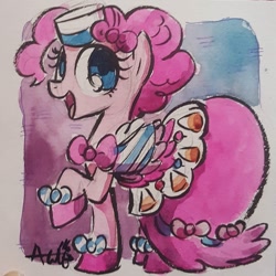 Size: 1080x1080 | Tagged: safe, artist:agnesgarbowska, pinkie pie, earth pony, pony, clothes, dress, gala dress, looking at you, solo, traditional art, watercolor painting