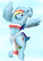 Size: 2480x3508 | Tagged: safe, artist:multi-faceted, derpibooru import, rainbow dash, pegasus, pony, semi-anthro, backwards cutie mark, chel, clothes, solo