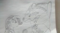 Size: 1296x728 | Tagged: safe, artist:ds59, rarity, oc, oc:dragun shot, dragon, equestria girls, angry, armchair, beast, beauty and the beast, belle, chair, discussion, drarity, draw, fanfic in the description, graph paper, injured, notebook, sketch, traditional art
