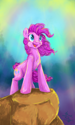 Size: 1536x2560 | Tagged: safe, artist:spacesheep-art, pinkie pie, earth pony, pony, cliff, looking up, smiling, solo, windswept mane
