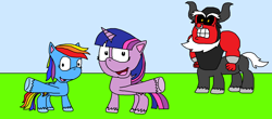 Size: 1868x822 | Tagged: safe, artist:logan jones, derpibooru import, lord tirek, rainbow dash, twilight sparkle, unicorn twilight, centaur, pegasus, pony, unicorn, adventures of sonic the hedgehog, cloven hooves, smiling, style emulation, unshorn fetlocks