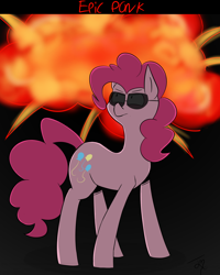 Size: 1280x1600 | Tagged: safe, artist:goldenled, pinkie pie, earth pony, pony, cool guys don't look at explosions, explosion, ponk, serious, serious face, solo, sunglasses, walking away from explosion