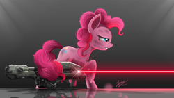 Size: 2200x1238 | Tagged: safe, artist:duskie-06, pinkie pie, earth pony, pony, blaster, burn marks, crossover, dirty, energy weapon, fluffy, frown, glare, gritted teeth, gun, halo (series), laser, lidded eyes, messy mane, ponies with guns, prehensile tail, profile, raised hoof, raised leg, reflection, solo, spartan laser, tail, tail hold, weapon