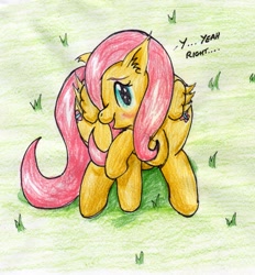 Size: 1899x2045 | Tagged: safe, artist:40kponyguy, derpibooru exclusive, fluttershy, pegasus, pony, blushing, both cutie marks, cute, denial, floppy ears, i'm not cute, looking at you, looking up, raised hoof, shyabetes, solo, traditional art