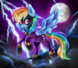 Size: 1170x1024 | Tagged: safe, artist:meqiopeach, derpibooru exclusive, derpibooru import, rainbow dash, pegasus, pony, luna eclipsed, clothes, cloud, costume, cute, cutie mark, dark clouds, dashabetes, digital art, eyebrows, flying, halloween, halloween costume, holiday, lightning, looking at you, moon, multicolored hair, night, night sky, nightmare night, nightmare night costume, rainbow hair, raised hoof, raised tail, shading, shadowbolt dash, shadowbolts, shadowbolts costume, simple background, sky, smiling, solo, spread wings, tail, wings