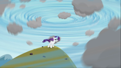 Size: 1668x938 | Tagged: safe, screencap, rarity, pony, unicorn, magical mystery cure, cloud, female, glowing horn, magic, magic aura, mare, solo, struggling, weather control, weather magic, what my cutie mark is telling me, whirlwind, wind, windswept mane, windswept tail