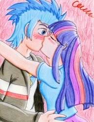 Size: 785x1017 | Tagged: safe, artist:the1king, derpibooru import, flash sentry, twilight sparkle, equestria girls, female, flashlight, humanized, kissing, male, shipping, straight, traditional art