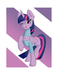 Size: 1024x1325 | Tagged: safe, artist:mintybit, derpibooru import, twilight sparkle, twilight sparkle (alicorn), alicorn, pony, chest fluff, clothes, female, keyhole turtleneck, mare, one eye closed, open-chest sweater, raised hoof, solo, sweater, turtleneck