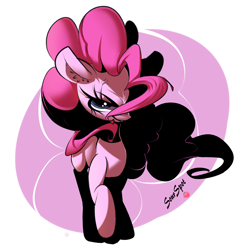 Size: 1280x1293 | Tagged: safe, artist:sourspot, pinkie pie, earth pony, pony, angry, cross-popping veins, glare, grin, hair over one eye, hotblooded pinkie pie, lidded eyes, looking at you, raised hoof, simple background, smiling, smirk, solo, white background