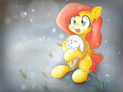 Size: 3158x2344 | Tagged: safe, artist:ando, angel bunny, fluttershy, pegasus, pony, amazed, cute, duo, grass, happy, holding, open mouth, shyabetes, sitting, snow, snowfall