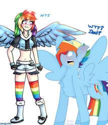 Size: 1392x1616 | Tagged: safe, artist:dashblitz90-fonnie, artist:shinningblossom12, derpibooru import, rainbow blitz, rainbow dash, human, pegasus, pony, collaboration, blushing, boots, chest fluff, clothes, duo, eyelashes, female, fingerless gloves, gloves, human ponidox, humanized, looking at each other, male, open mouth, rainbow socks, rule 63, self ponidox, shoes, shorts, simple background, socks, stallion, striped socks, surprised, white background, winged humanization, wings