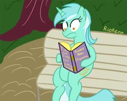 Size: 700x557 | Tagged: safe, artist:riokenng3, lyra heartstrings, pony, unicorn, bench, book, frown, lyra is not amused, reading, shrunken pupils, sitting, sitting lyra, solo, unamused, wide eyes