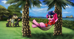 Size: 3079x1641 | Tagged: safe, artist:athos01, cranky doodle donkey, pinkie pie, dog, donkey, earth pony, pony, clothes, crossover, doberman, hammock, hawaiian shirt, magnum p.i., magnum p.i.e., ocean, shirt, sunglasses