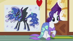 Size: 1920x1080 | Tagged: safe, screencap, nightmare moon, rarity, mermaid, pony, scare master, clothes, costume, drawing, mermarity, mlem, nightmare mlem, nightmare night costume, sugarcube corner