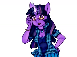 Size: 1600x1200 | Tagged: safe, artist:yukomaussi, derpibooru import, twilight sparkle, anthro, clothes, glasses, magic, solo