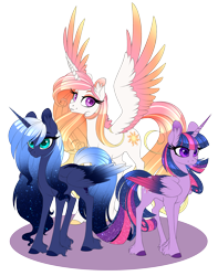 Size: 2481x3142 | Tagged: safe, alternate version, artist:peridotkitty, princess celestia, princess luna, twilight sparkle, twilight sparkle (alicorn), alicorn, pony, alternate color palette, colored hooves, colored wings, colored wingtips, ear fluff, ethereal mane, female, gradient wings, mare, multicolored wings, royal sisters, simple background, spread wings, starry mane, transparent background, trio, unshorn fetlocks, wings