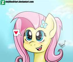 Size: 2900x2442 | Tagged: safe, artist:viejillox64art, fluttershy, pegasus, pony, beautiful, bust, cute, flower, flower in hair, heart, hearts and hooves day, open mouth, pictogram, portrait, shyabetes, sky, smiling, solo