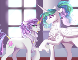 Size: 1024x788 | Tagged: safe, artist:anyatrix, princess celestia, oc, oc:dawn radiance, alicorn, pony, unicorn, alternate hairstyle, curved horn, female, mare, mother and child, mother and daughter, offspring, parent and child, parent:king sombra, parent:princess celestia, parents:celestibra