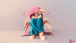 Size: 1920x1080 | Tagged: safe, artist:miokomata, fluttershy, pegasus, pony, clothes, cute, dialogue, heart, hug request, looking at you, oversized clothes, shyabetes, signature, simple background, solo, sweater, sweatershy