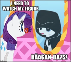 Size: 566x499 | Tagged: safe, artist:eagle1division, edit, rarity, pony, unicorn, cloak, clothes, evil kermit, evil rarity, häagen-dazs, meme, mirror, this will end in weight gain, this will not end well