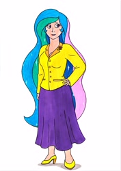 Size: 2472x3493 | Tagged: safe, artist:killerteddybear94, princess celestia, human, beautiful, celestia day, clothes, hand on hip, high heels, humanized, jacket, long hair, long skirt, shoes, skirt, smiling, traditional art