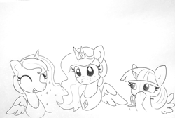 Size: 1898x1278 | Tagged: safe, artist:tjpones, princess celestia, princess luna, twilight sparkle, twilight sparkle (alicorn), alicorn, pony, black and white, drink, drinking, drinking straw, eyes closed, female, freckles, grayscale, jewelry, laughing, lineart, mare, monochrome, necklace, open mouth, simple background, traditional art, trio, white background