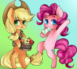 Size: 989x888 | Tagged: safe, artist:mintpencil, applejack, pinkie pie, earth pony, pony, apple, bipedal, bucket, food