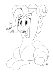 Size: 1280x1770 | Tagged: safe, artist:pabbley, pinkie pie, earth pony, pony, 30 minute art challenge, cute, diapinkes, monochrome, open mouth, panting, solo, weight lifting