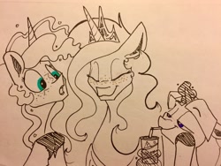 Size: 1280x960 | Tagged: safe, artist:greyscaleart, princess celestia, princess luna, twilight sparkle, twilight sparkle (alicorn), alicorn, pony, black and white, constellation freckles, drink, drinking, drinking straw, eyes closed, female, freckles, glowing horn, grayscale, jewelry, laughing, magic, mare, monochrome, neo noir, open mouth, partial color, telekinesis, traditional art, trio