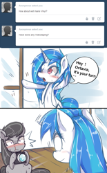 Size: 797x1284 | Tagged: safe, artist:hua, dj pon-3, octavia melody, vinyl scratch, earth pony, pony, ask, ask trolltavia, blood, blushing, camera, door, female, lesbian, nosebleed, scratchtavia, shipping, wet, wet mane