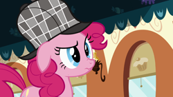 Size: 1366x768 | Tagged: safe, screencap, pinkie pie, pony, mmmystery on the friendship express, cute, deerstalker, floppy ears, hat, scrunchy face, solo, train