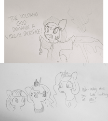 Size: 1847x2059 | Tagged: safe, artist:tjpones, princess celestia, princess luna, twilight sparkle, alicorn, earth pony, pony, bipedal, bust, comic, dialogue, female, grayscale, lineart, mare, monochrome, royal sisters, sacrifice, shaman, this will end in tears and/or death, traditional art, volcano